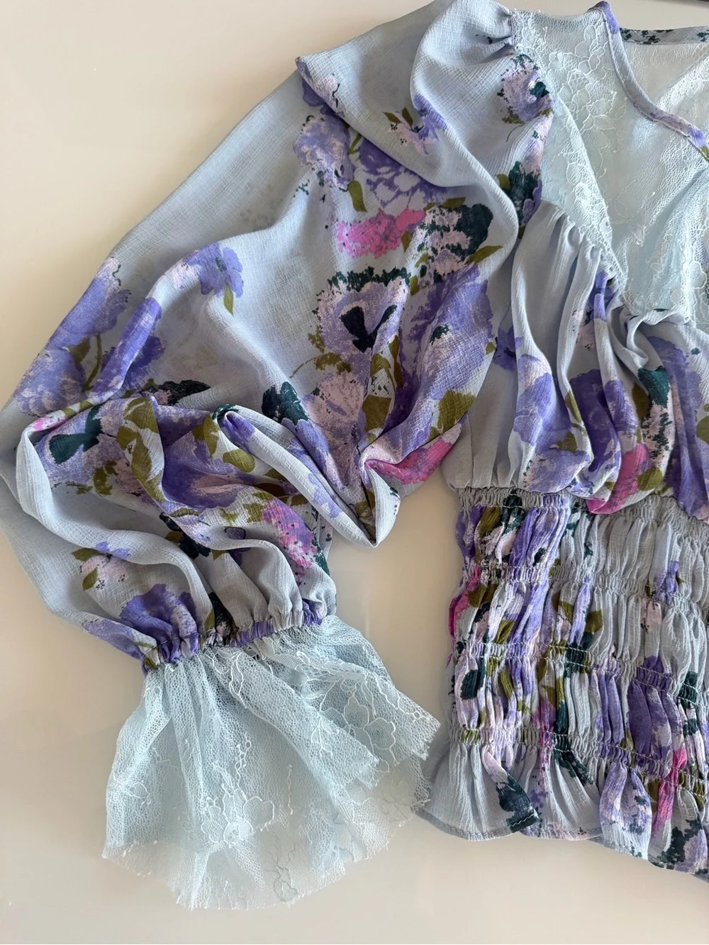 Free people Floral Lace-Trim Cropped Blouse - Light Blue & Purple